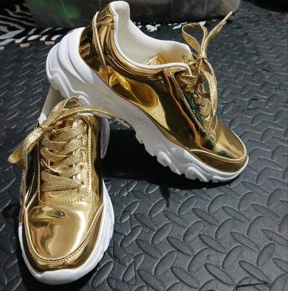 Women Gold Mirror Sneakers - Picture 2 of 10